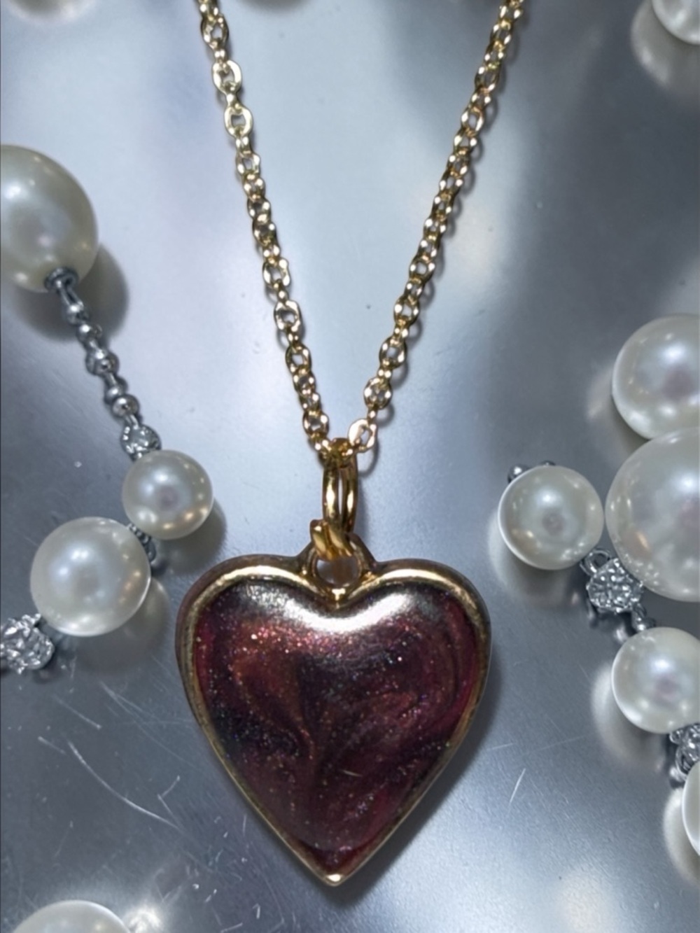 Handmade Resin Heart Necklace Gold Chain Sparkle Pendant Gift - Picture 3 of 6